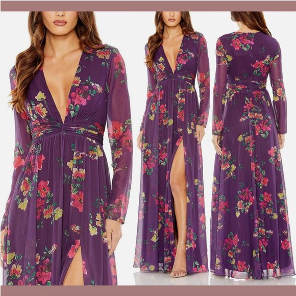 NWT $498 Mac Duggal [ 14 ] Long Sleeve Ruched Deep V Neckline Gown #Q761‎